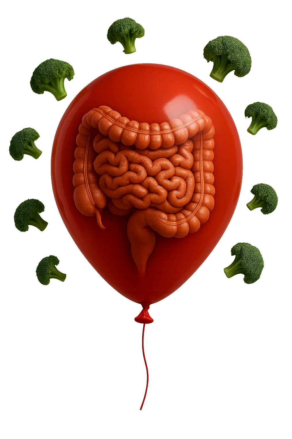 palloncino con intestino umano anatomico all'interno, attorno al quale fluttuano dei broccoletti, iperrealistico 4k emoji