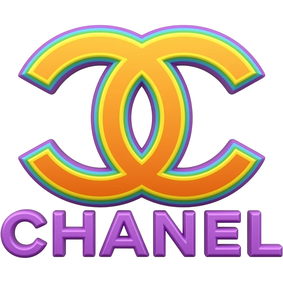 name "Chanel" in purple yellow orange 3D style typography lettering, each color of the rainbow as a border outlined around each letter, isolated, 3d rendering, no emoji icons no emoji faces and must have no human figures emoji
