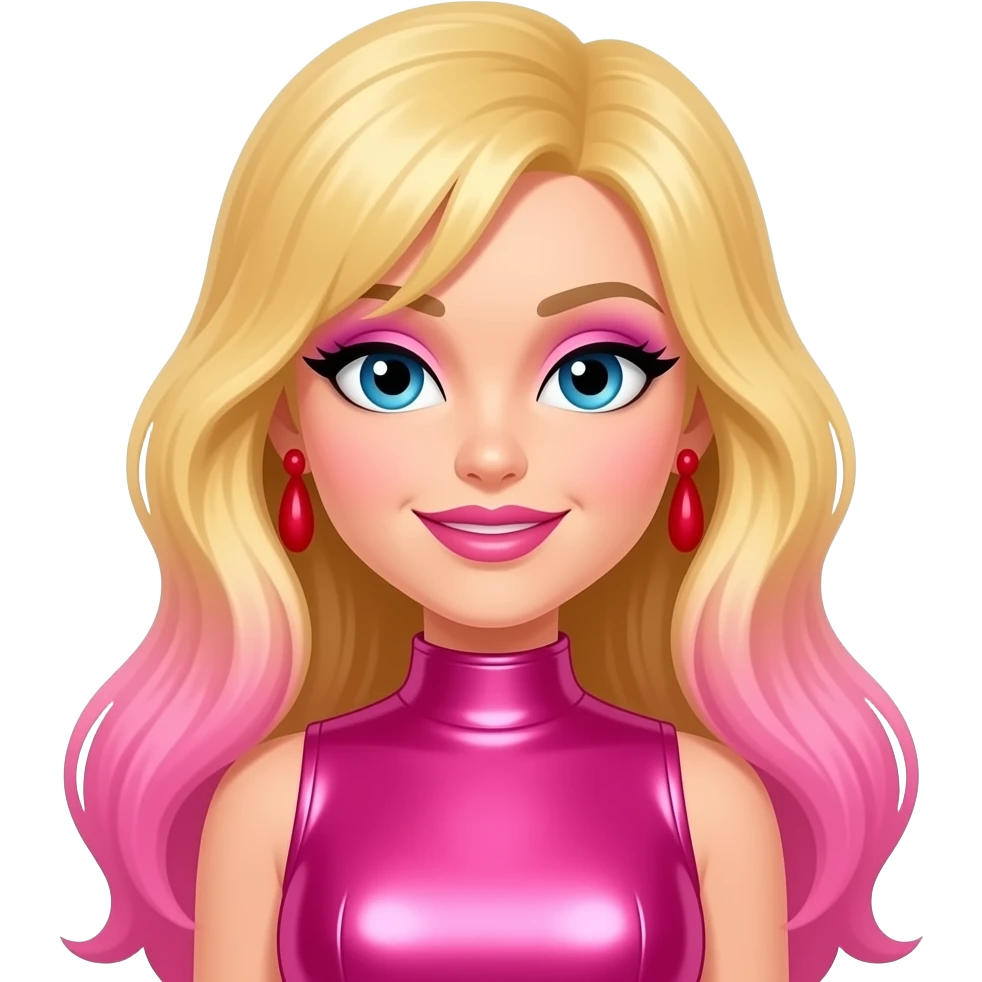 Jerrica/Jem from Jem and the Holograms with blue eyes, long blonde and pink 80s big hair, pink eyeshadow, pink lipstick, hot pink metallic high neck dress, red earrings emoji