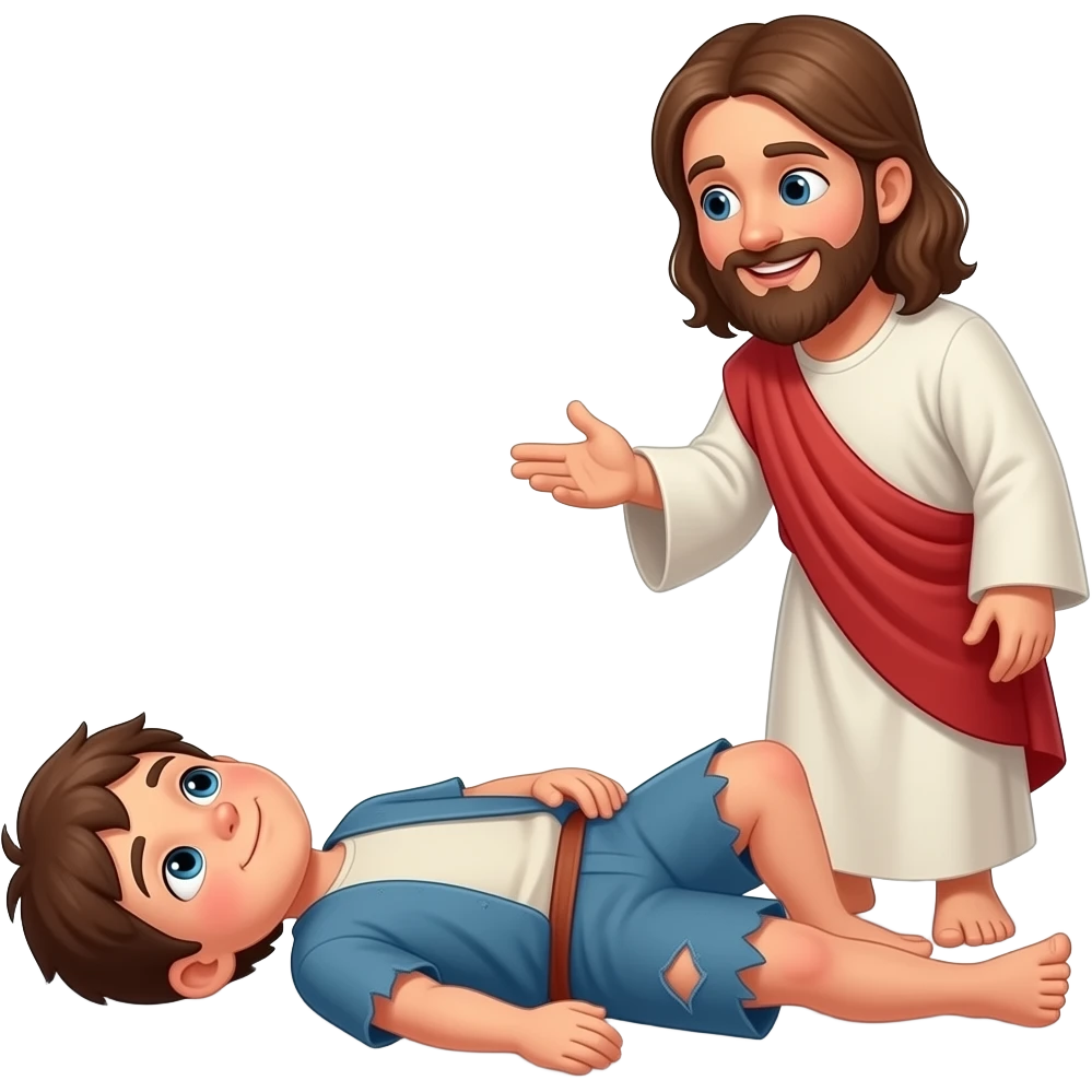 A full bodied sick boy laying down on the floor Who is poor sitting on the ground unable to walk and dress in tattered biblical clothing and Jesus stops to talk to him With a smile on his face emoji