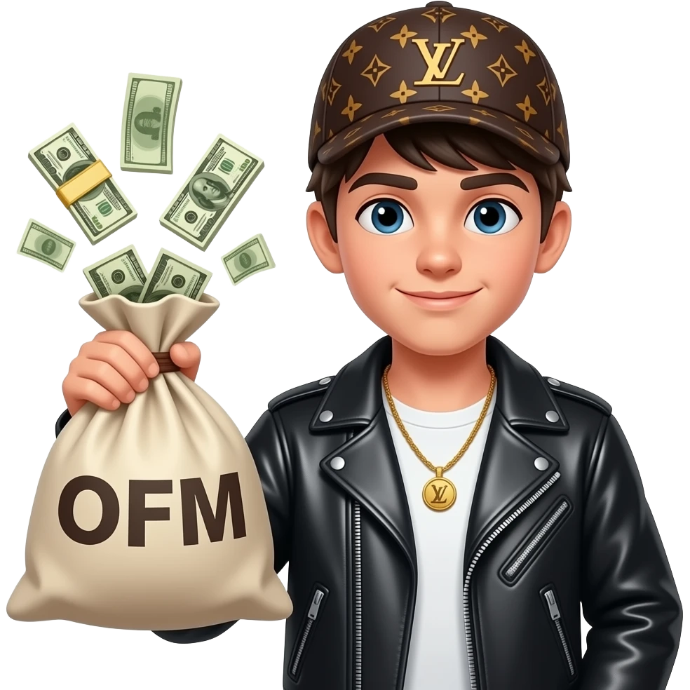 Парень в кожаной куртке,  в кепке LV. В руках сумка с нее выпирают деньги, на сумке надпись  "OFM" emoji