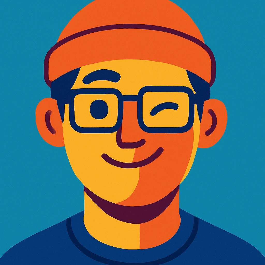 a guy with rectangle glasses wearing a beanie, winking, clean modern illustration style emoji