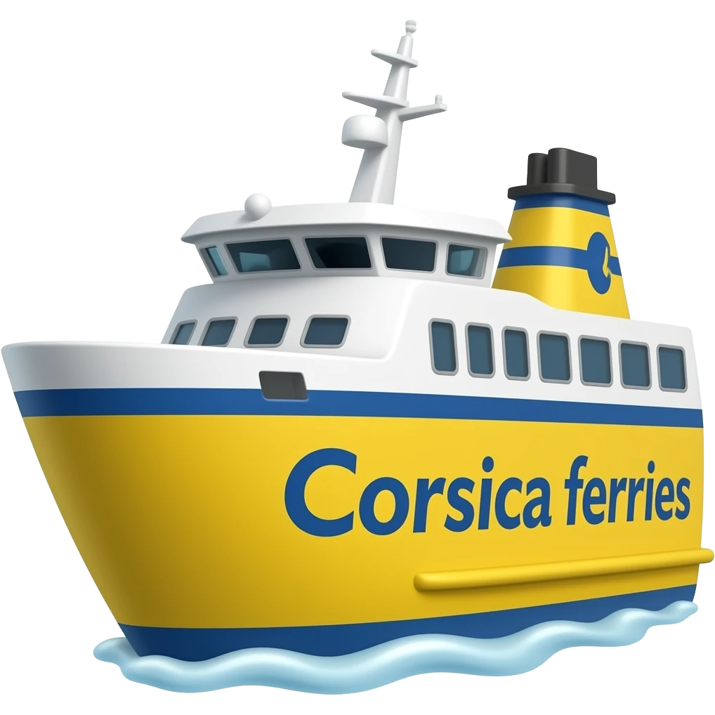 Ferry jaune et blanc avec des vitres a l'arrière et écrire Corsica ferries emoji