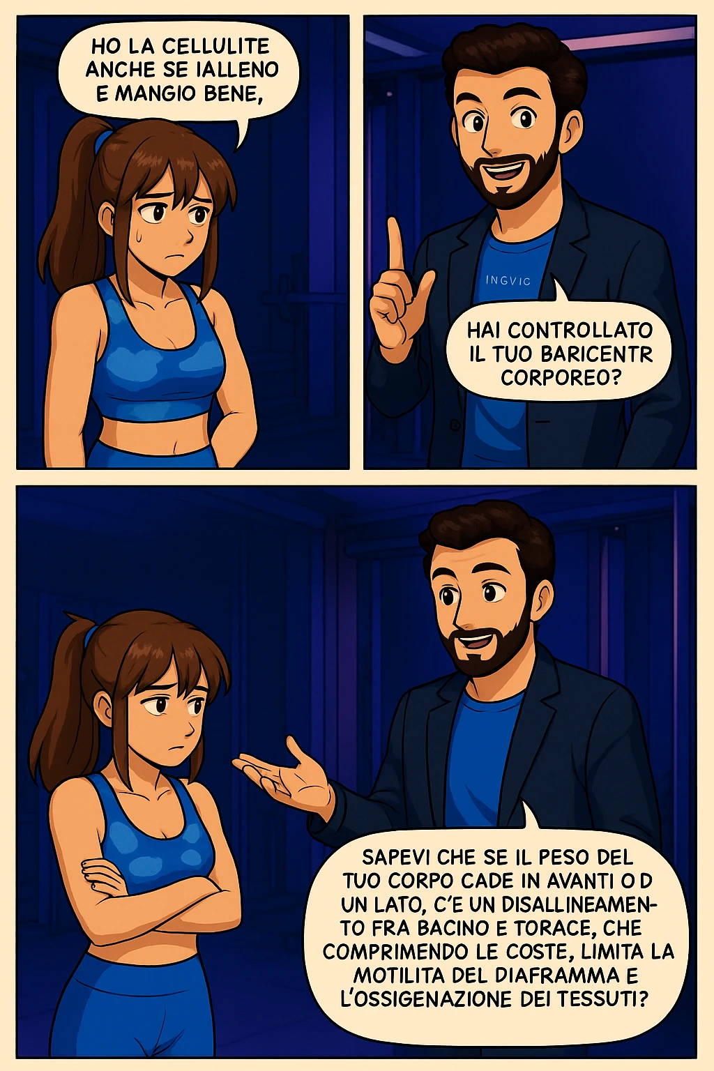 PRENDI SPUNTO DA QUESTO STILE FACENDO UN WEBTOON/MANGA:

LEI (DONNA): Ho la cellulite anche se mi alleno e mangio bene, cosa posso fare?

LUI (UOMO): Hai controllato il tuo baricentro corporeo?
LUI (UOMO): Sapevi che se il peso del tuo corpo cade in avanti o da un lato, c’è un disallineamento fra bacino e torace, che comprimendo le coste, limita la motilità del diaframma e l’ossigenazione dei tessuti?
LUI (UOMO): Il mio è il primo e unico percorso che lavora sugli inestetismi con un lavoro mirato sul baricentro corporeo. emoji