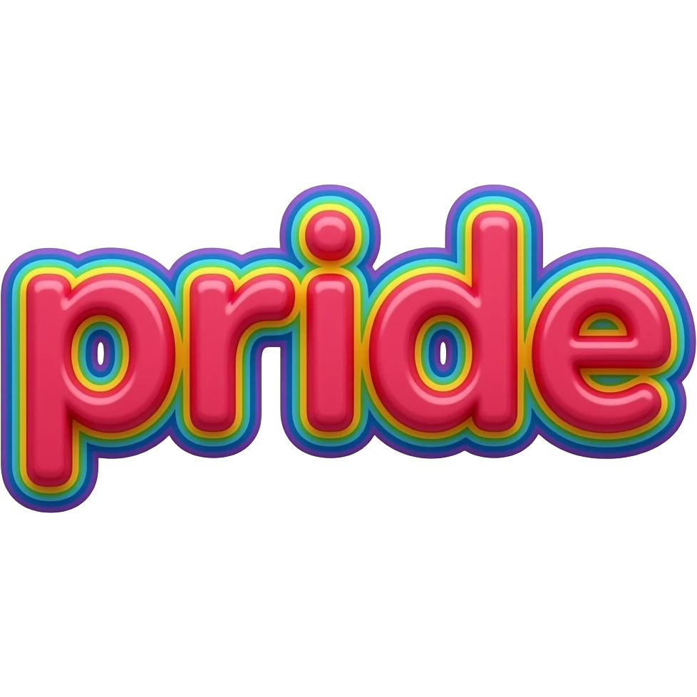 name "pride" in raspberry red 3D style typography lettering, each color of the rainbow as a border outlined around each letter, isolated, 3d rendering, no emoji icons no emoji faces and must have no human figures emoji
