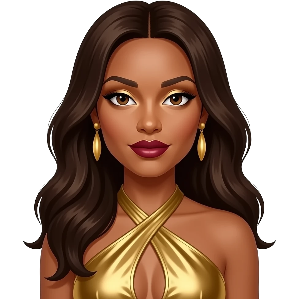 Tenitra Michelle Williams from Destiny's Child with dark brown eyes, long dark brown hair, gold eyeshadow, dark red lipstick, gold metallic halter dress, gold earrings emoji