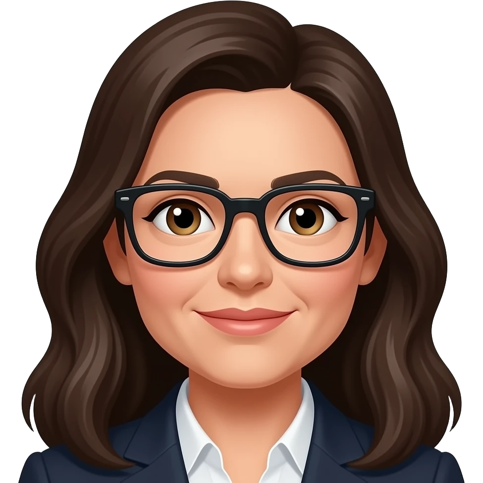 42 year old woman with hazel eyes and dark brown long hair with black rectangle glasses emoji