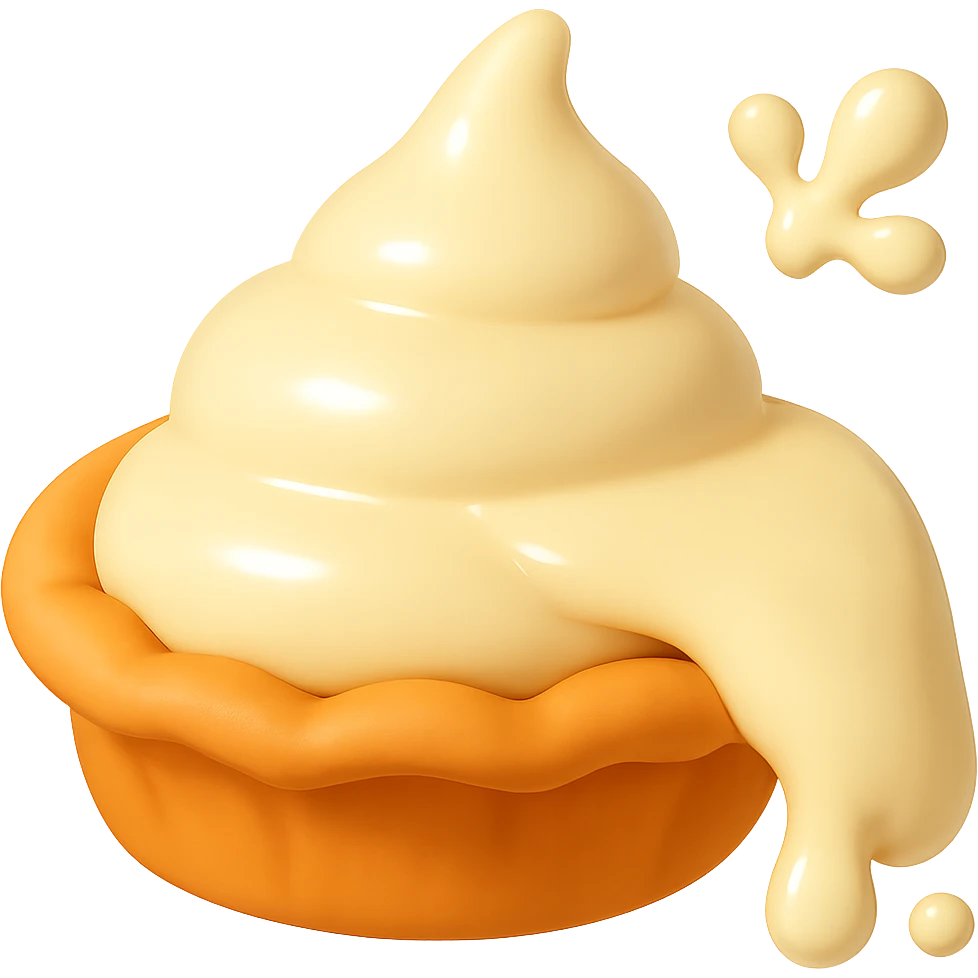 Add a cream drip on the right-hand side of the pie, and add 1 or 2 small cream splatters in the top right corner, matching the playful 3D emoji style, golden brown crust, and transparent background. Keep the main cream part intact and the angle consistent. emoji