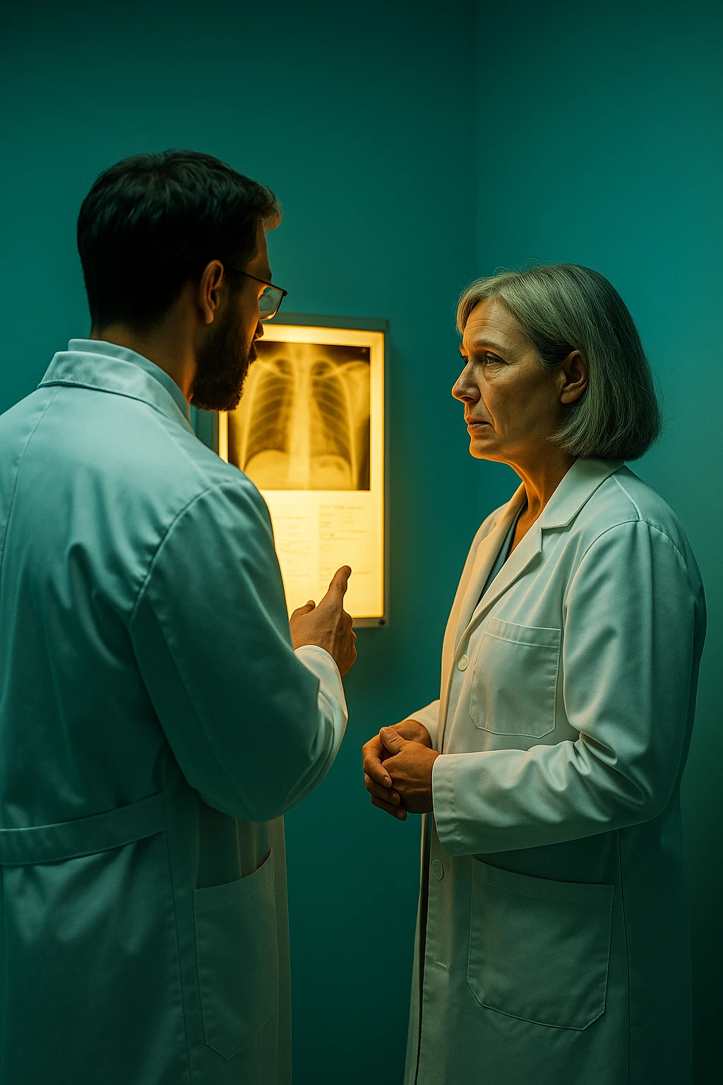 Realistic, detailed photo taken from behind of two doctors—a bearded man and a middle-aged woman—standing and facing each other as they discuss a diagnosis in front of a medical chart. The scene is illuminated by a yellowish, orange, warm light that softly envelops the doctors. The entire room is bathed in a single green-blue color, creating a cohesive and modern atmosphere. Both doctors wear white coats, and their body language suggests a serious, professional conversation. Shot with a Canon EOS R5, with high detail and natural depth of field. emoji