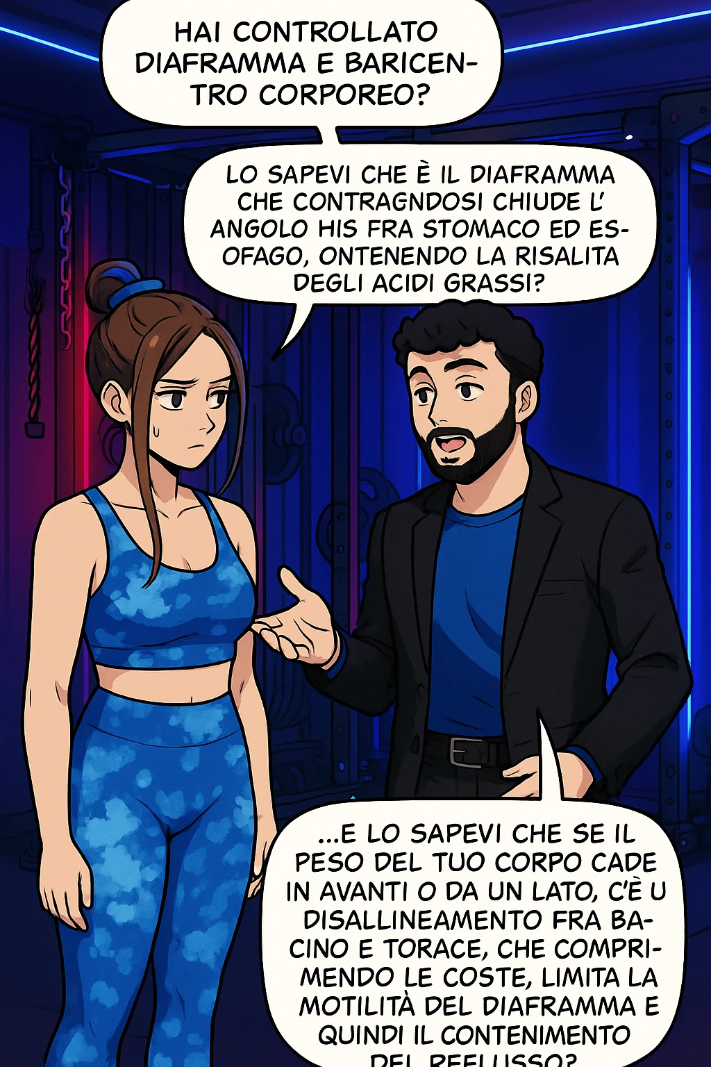 TRASFORMA QUESTO CAROSELLO IN UN FUMETTO STILE WEBTOON/MANGA A COLORI CON QUESTE DUE PERSONE IDENTICHE CHE INTERLOQUISCONO TRA LORO, L'uomo sta spiegando alla donna questo concetto:

LUI (UOMO): Hai controllato diaframma e baricentro corporeo?
LUI (UOMO): Lo sapevi che è il diaframma che contraendosi chiude l’angolo his fra stomaco ed esofago, contenendo la risalita degli acidi grassi?
LUI (UOMO): …e lo sapevi che se il peso del tuo corpo cade in avanti o da un lato, c’è un disallineamento fra bacino e torace, che comprimendo le coste, limita la motilità del diaframma e quindi il contenimento del reflusso? emoji