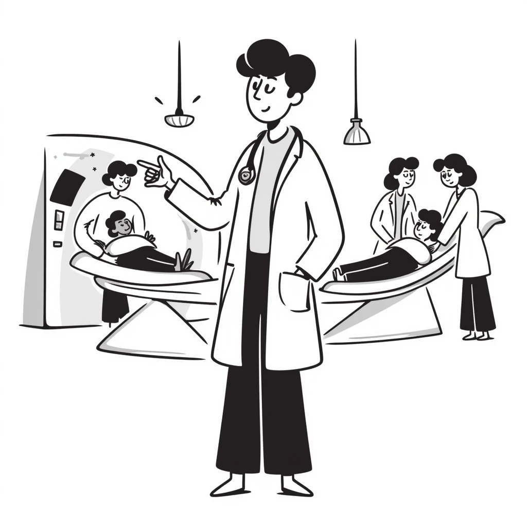 A doctor in a hospital surrounded by modern hospital equipment and technology and other nurses treating patients emoji