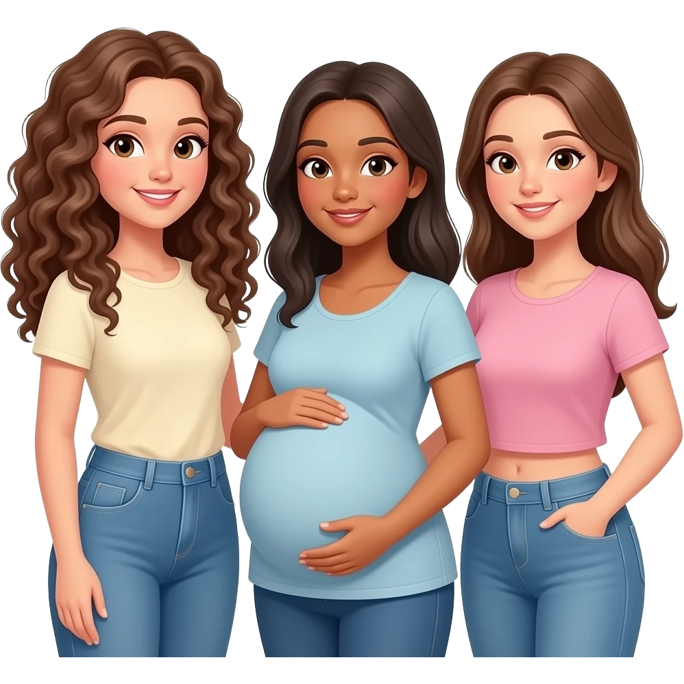 3 Caucasian girl  friends 1 tall with long curly hair, 1 brunette pregnant,  1 brunette emoji