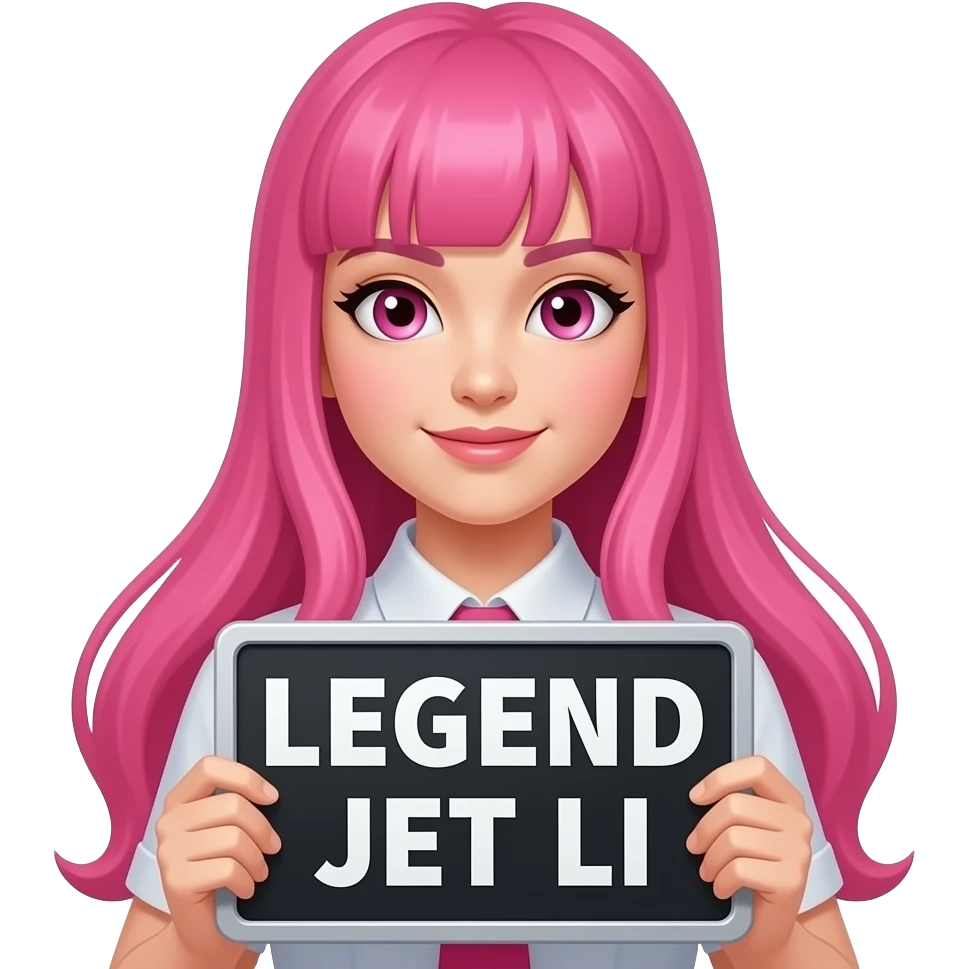 sexy girl with long pink hair and pink eyes holding LEGEND JET LI sign emoji
