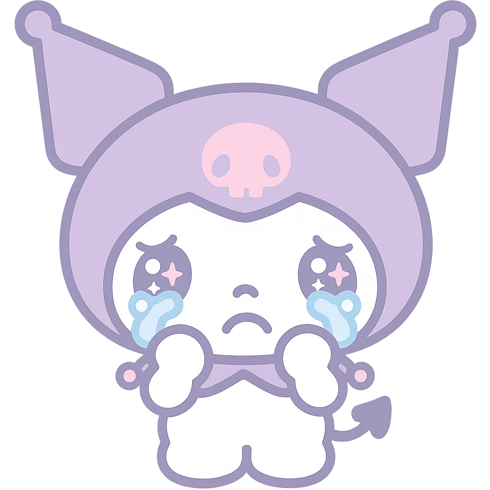 Kuromi crying, kawaii style, transparent background, hands on face emoji