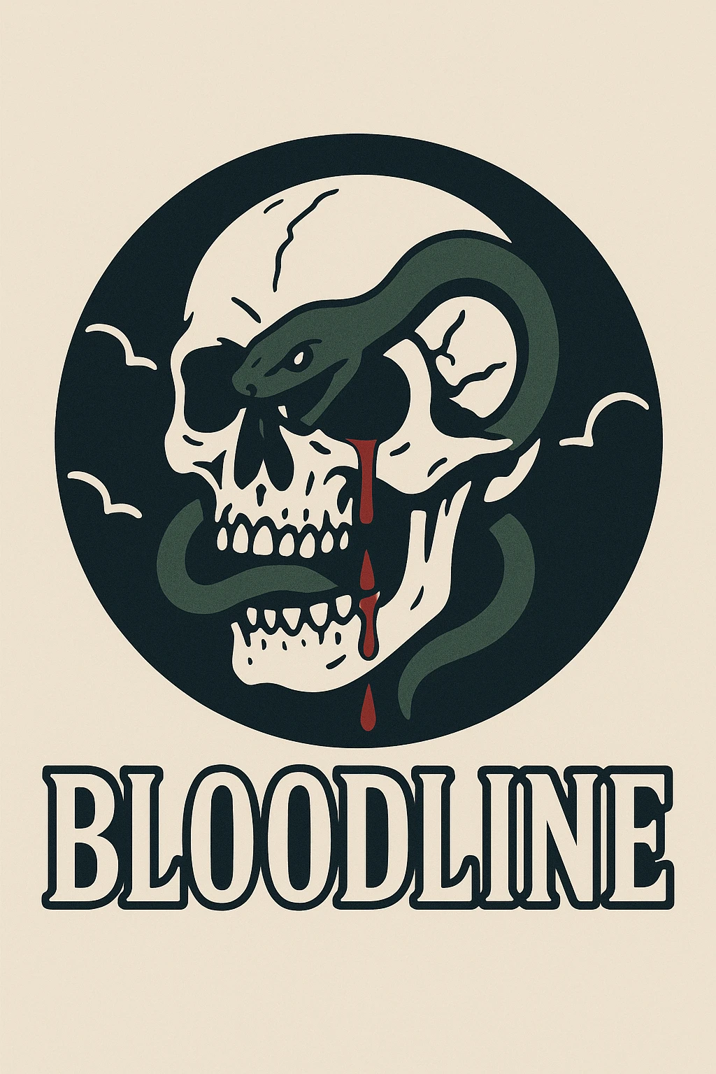 High-contrast Western-gothic emblem for small size Discord emoji, central detailed human skull forward-facing with cracks and shadows, a dark green snake coils tightly around the skull entering the mouth and exiting the left eye socket, symbolic blood drips from eye and mouth, clean lines not overly realistic, simple dark circular background, no extra scenery, at the bottom bold all-caps Western serif font BLOODLINE in bright beige off-white centered and highly legible, clean shapes sharp contrast central composition no clutter, feels like a Western outlaw symbol emoji