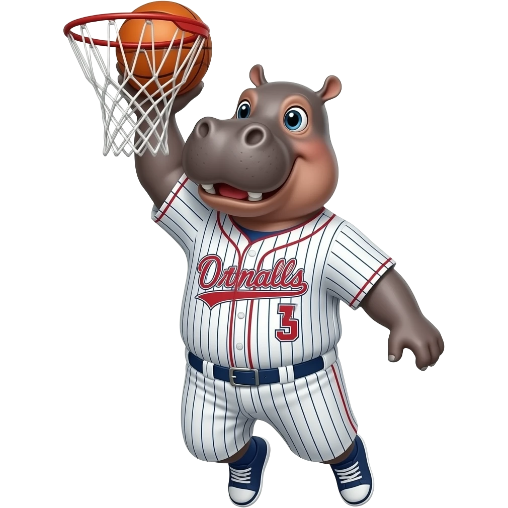 hippopotamus wearing baseball jersey dunk like dr j emoji