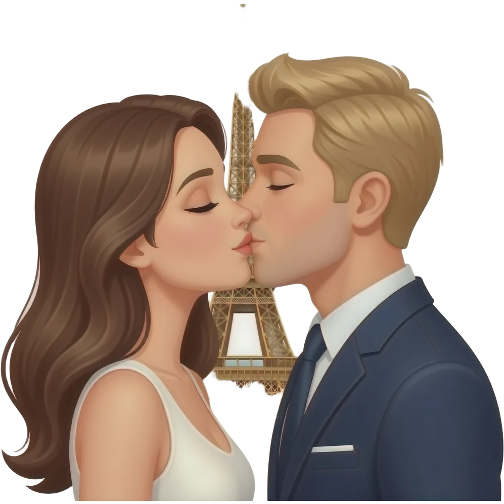 Elegant Couple kissing infront of the Eiffel Tower. She has long brown hair and he has blonde short hair. emoji