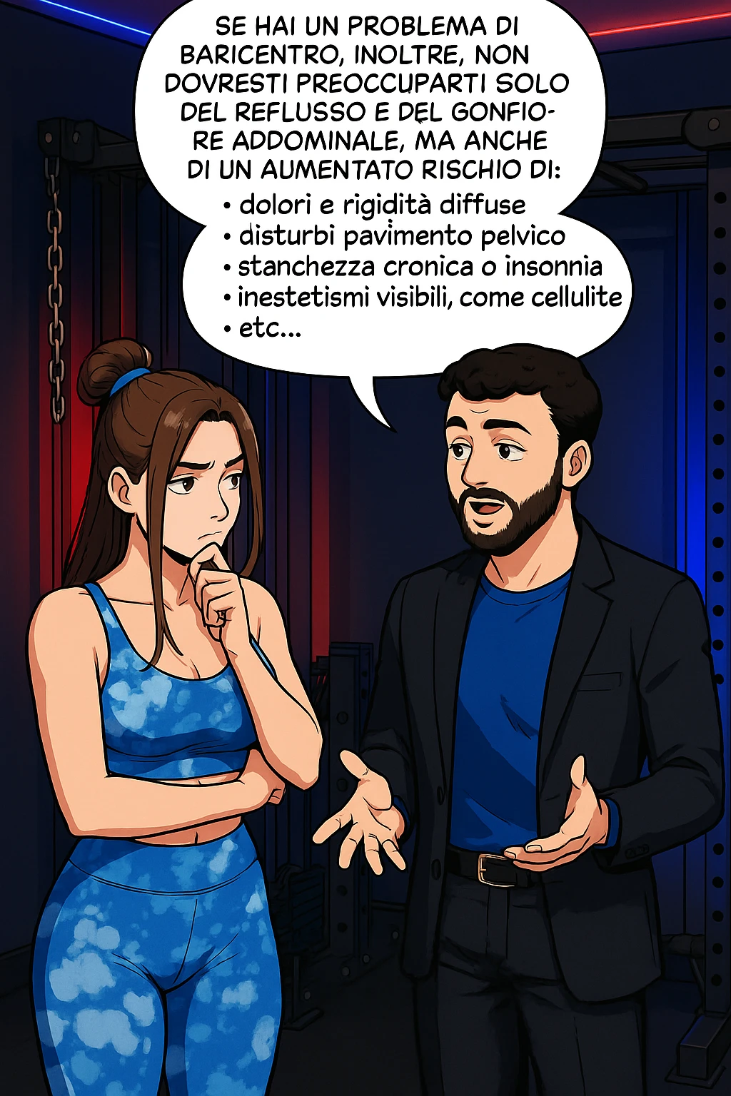 TRASFORMA QUESTO CAROSELLO IN UN FUMETTO STILE WEBTOON/MANGA A COLORI CON QUESTE DUE PERSONE IDENTICHE CHE INTERLOQUISCONO TRA LORO, L'uomo sta spiegando alla donna questo concetto MENTRE LA DONNA SI TIENE L'INDICE SUL MENTO ASCOLTANDOLO PENSIEROSA:

Se hai un problema di baricentro, inoltre, non dovresti preoccuparti solo del reflusso e del gonfiore addominale, ma anche di un aumentato rischio di:
    • dolori e rigidità diffuse
    • disturbi pavimento pelvico
    • stanchezza cronica o insonnia
    • inestetismi visibili, come celluluite
    • etc… emoji