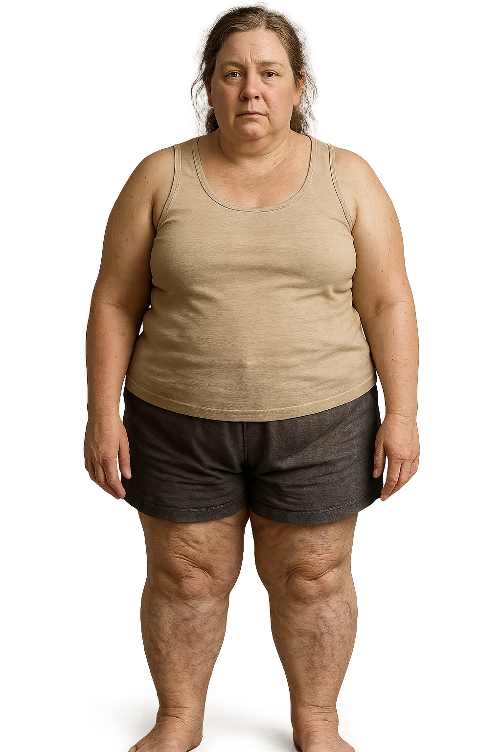 donna realistica leggermente in sovrappeso con vene visibili sulle gambe e gambe gonfie, iperrealistica 4k, IPERREALISTICA 4K emoji