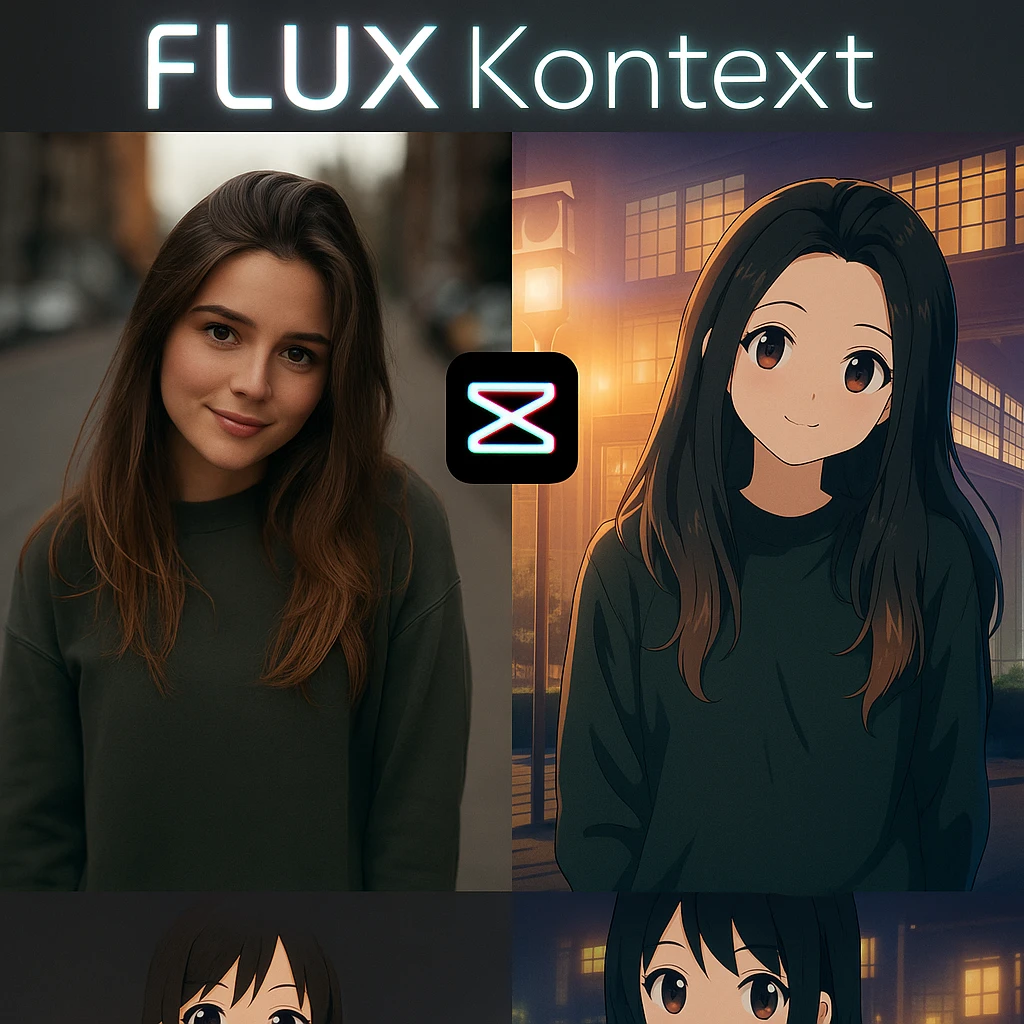 recreate this image and add logo of  text "FLUX Kontext" on top of it emoji