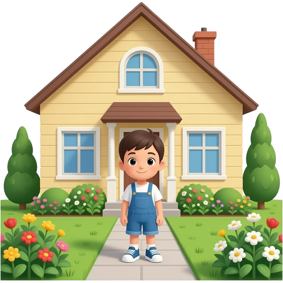kid outside of the house and there is a garden emoji