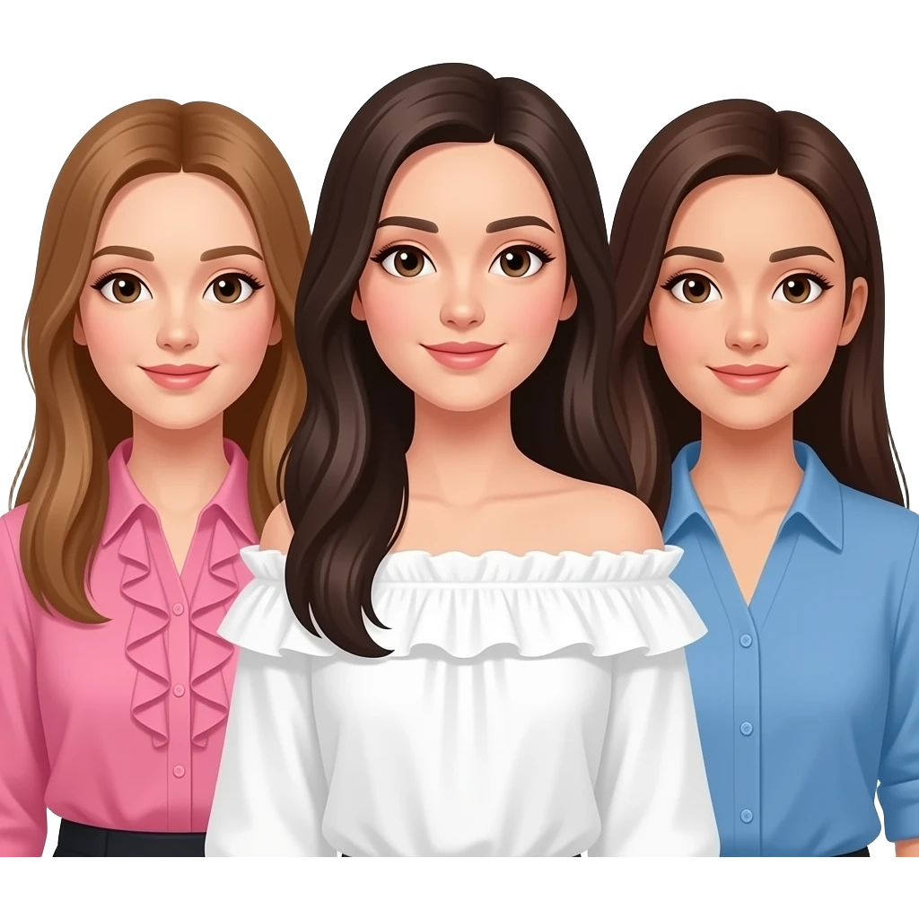 Tres amigas una castaña clarito pelo liso largo ojos marrones con una blusa de volantes rosa,una pelo moreno y liso largo ojos marrones con una blusa de volantes en los hombros blanca,una con pelo liso marrón ojos marrones y una blusa azul. que se les vea bien a las tres emoji
