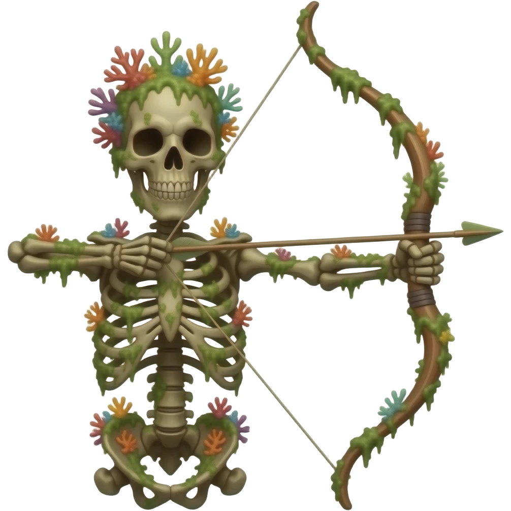 A real life algae covered brown skeleton covered with corals and seaweed holding an algae covered bow and arrow emoji