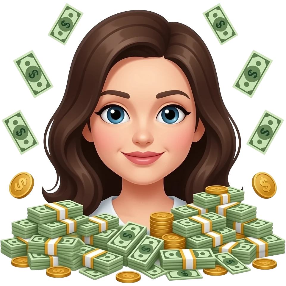 mujer con mucho dinero alrededor emoji