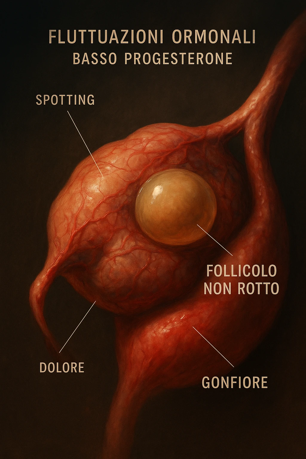realistic and cinematic illustration of an ovary with an unruptured follicle, low progesterone, hormonal fluctuations, symptoms of spotting, pain and swelling, clinical details, captions in Italian emoji