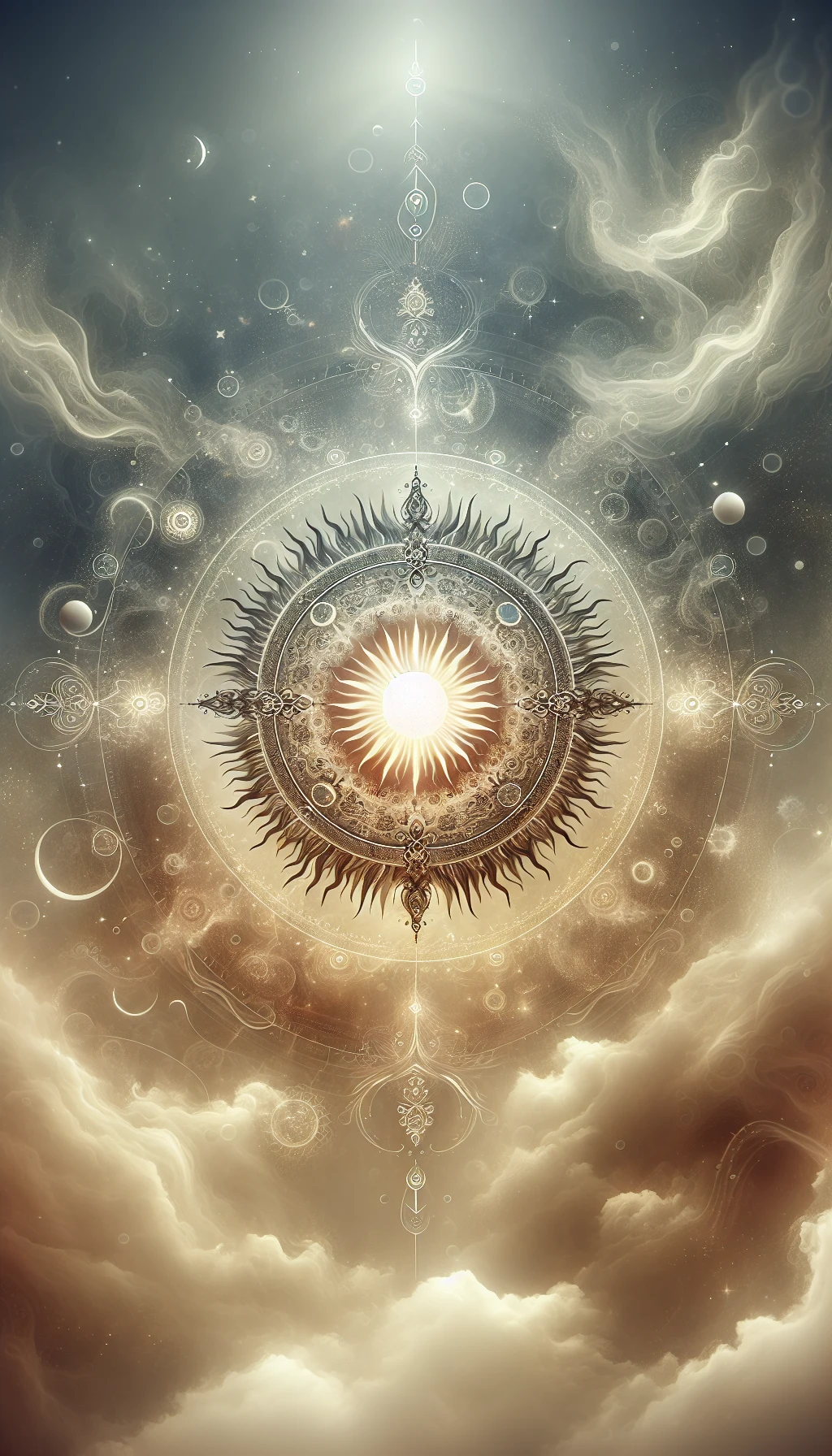 il sole è dio, sfondo mistico neutro chiaro, attorno al sole fluttua una magia mitologica, iperrealistico 4k emoji