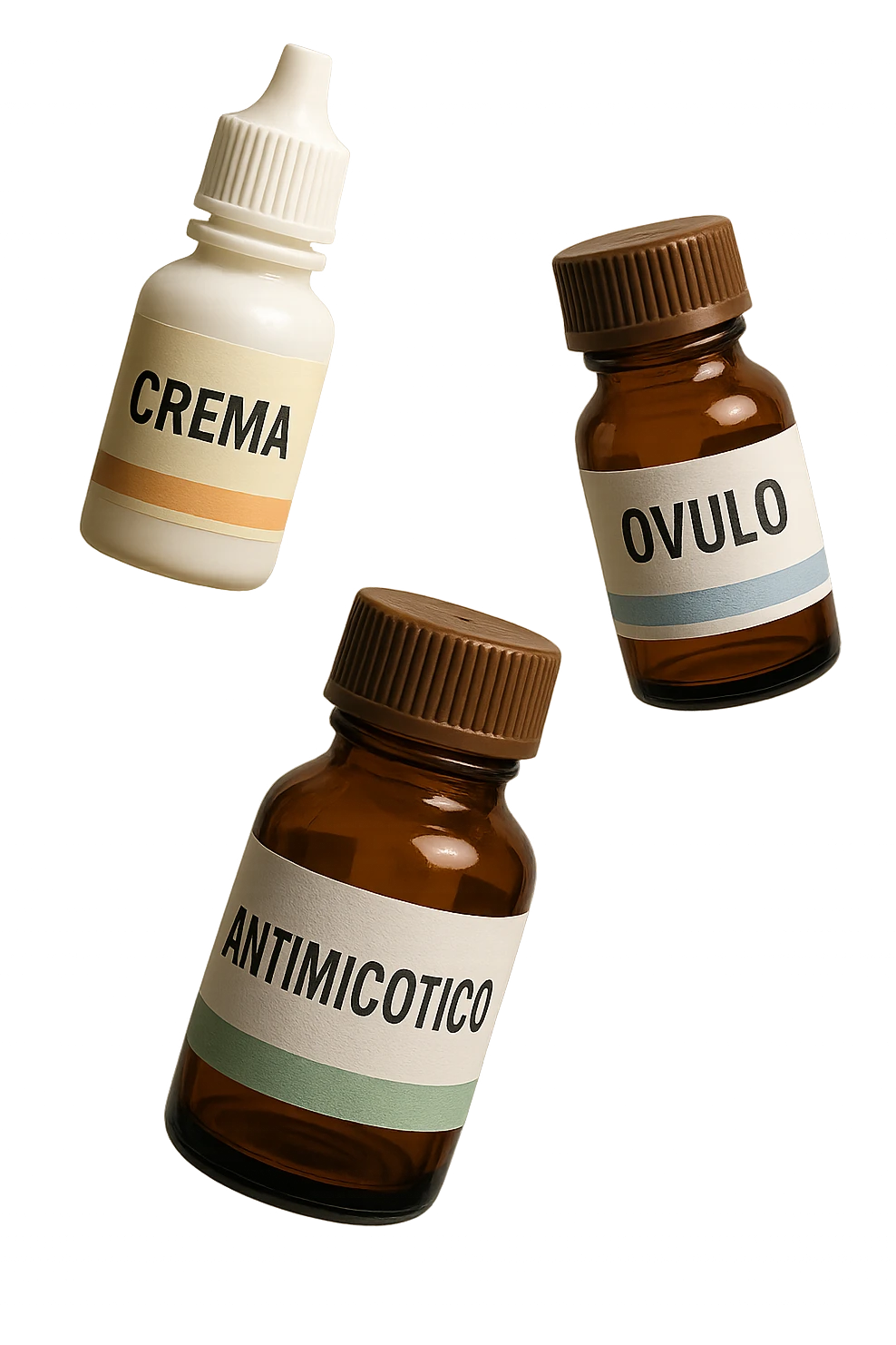 boccette di farmaci fluttuano in aria con le scritte: crema, ovulo o antimicotico in italiano sulle etichette, IPERREALISTICO 4K emoji