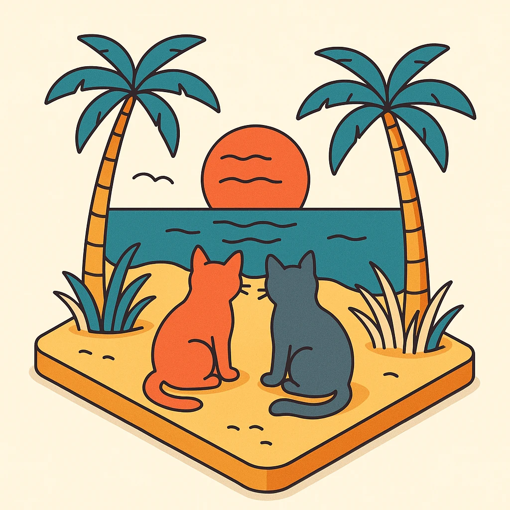 3D isometric illustration of two cats sitting on a beach at sunset with palm trees, variation 3 emoji
