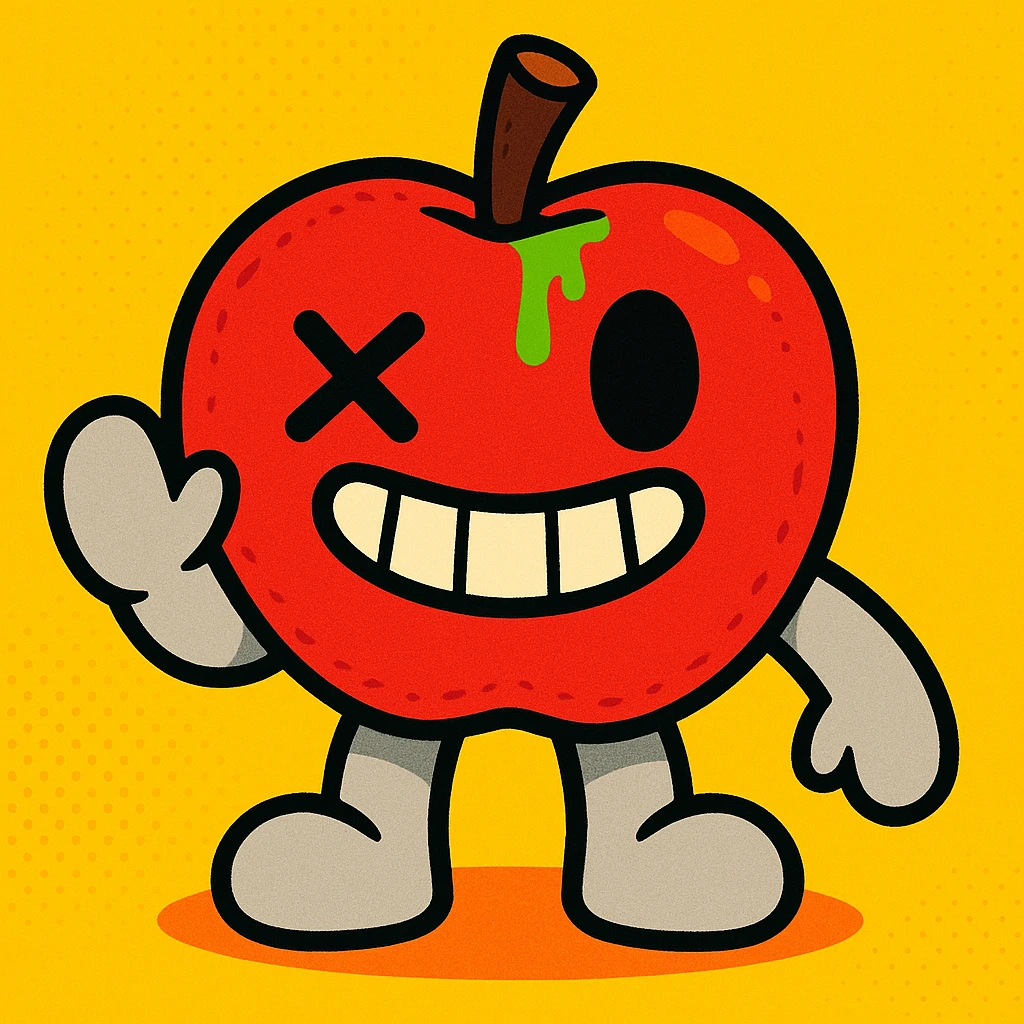 Appleton the Apple plush character, vibrant toon style, red apple plush with light grey limbs, left eye with an X, ichor oozing from the stem without leaf, wide grin emoji