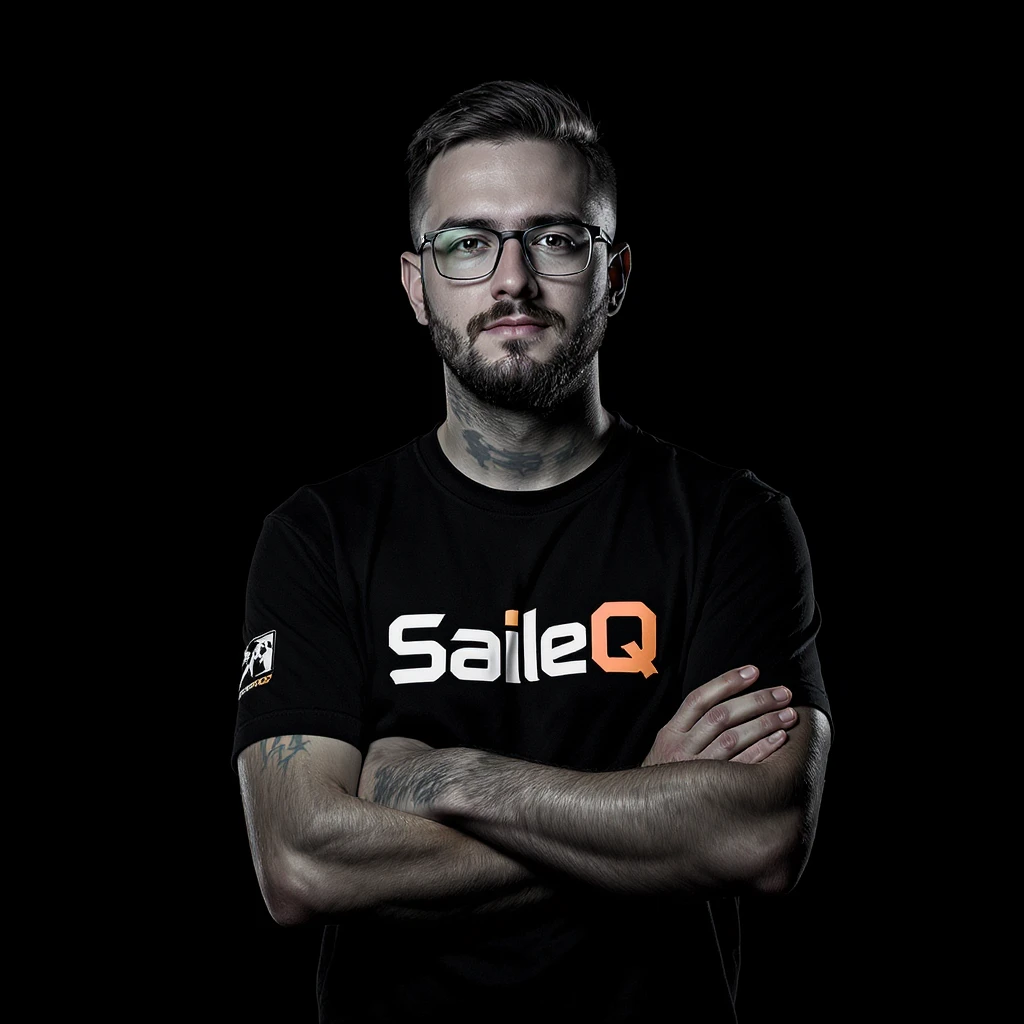 Csgo pro player profile proffesional photo, low key light back light, man standing crossed hands with tshirt with text "SaileQ" black solid background emoji