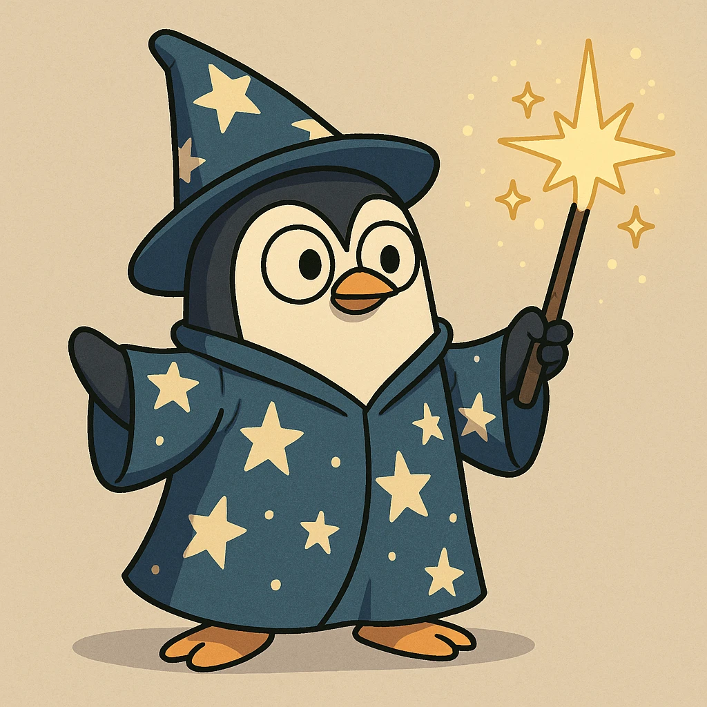 a cute penguin wizard with a starry robe and a wand, casting a spell, in a cartoon style emoji