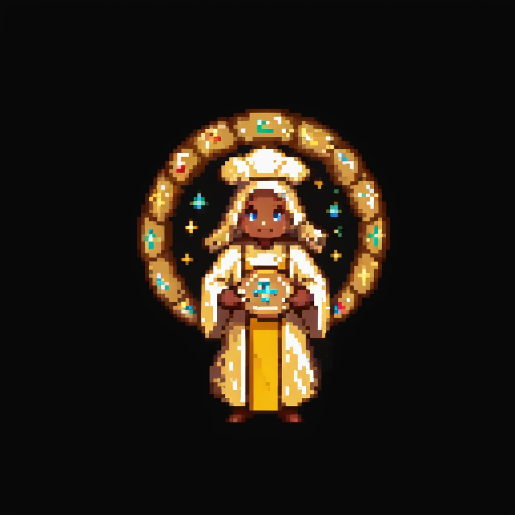 Portrait of a radiant baker with a glowing halo, golden robes, and a cookie-shaped aura, skeuomorphism style emoji