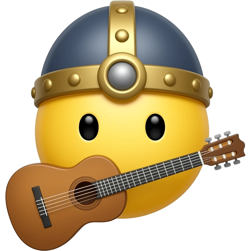 verry round yellow face emoji with a "medieval bard hat" and a "medieval bard instrument", "no arms nor hands" emoji