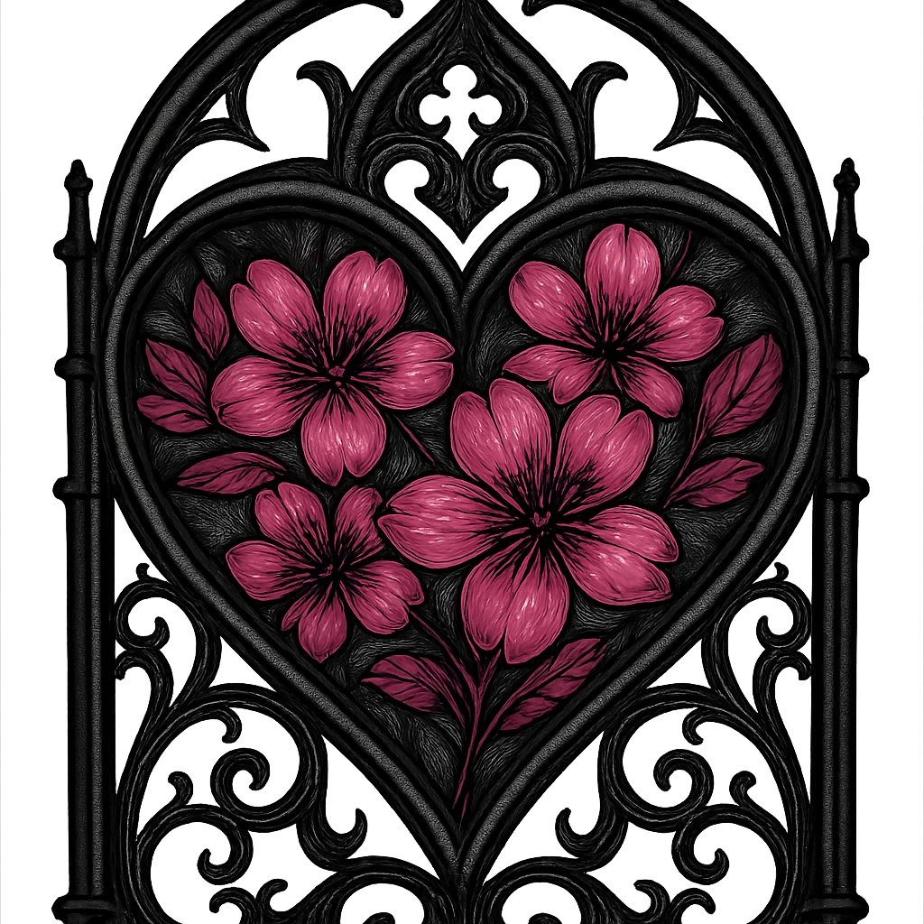 goth sakura heart, gothic stained glass, black lead lines, deep pink sakura, ornate and luminous emoji