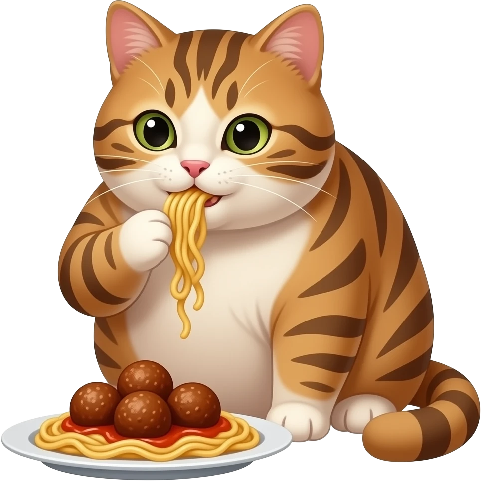 Fat Brown and cream color tabby cat with orange spot on forehead. Eating a plate of spaghetti and meatballs emoji