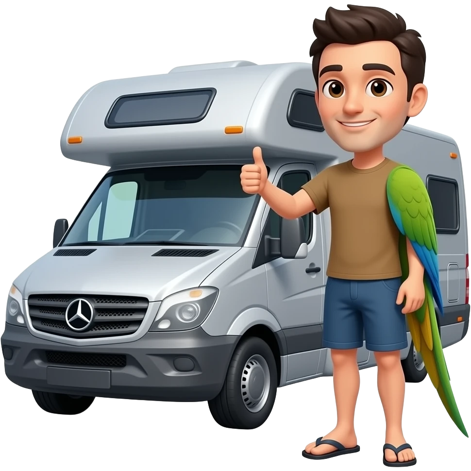 Slim very short dark haired man in shorts and flip flops standing next to a grey Mercedes low roof style rv with a dig and parrot emoji emoji
