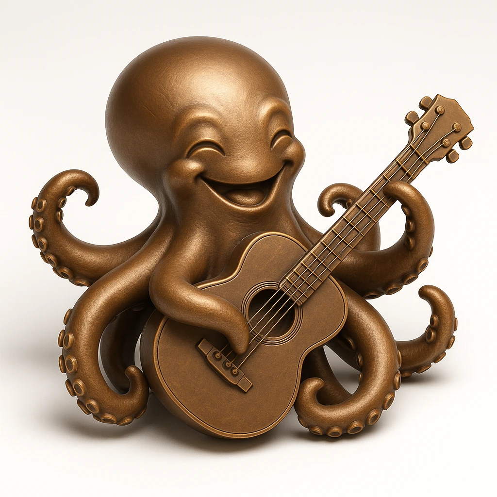 happy octopus with multiple arms playing guitar emoji