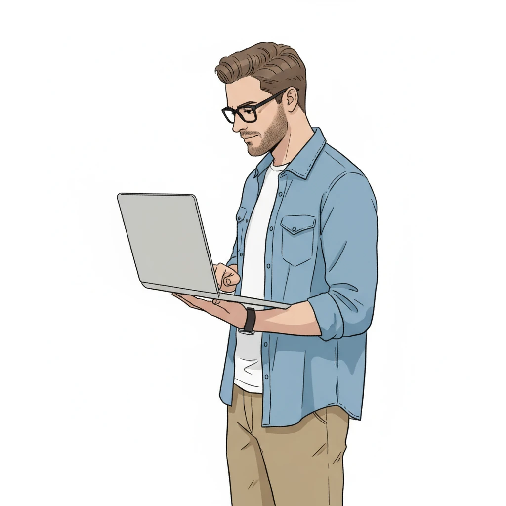 нарисуй похожего мужчину строго в профиль, который держит в руках ноутбук, как на картинке, но в стиле, как на картинке мужчина рабочий, без фона emoji