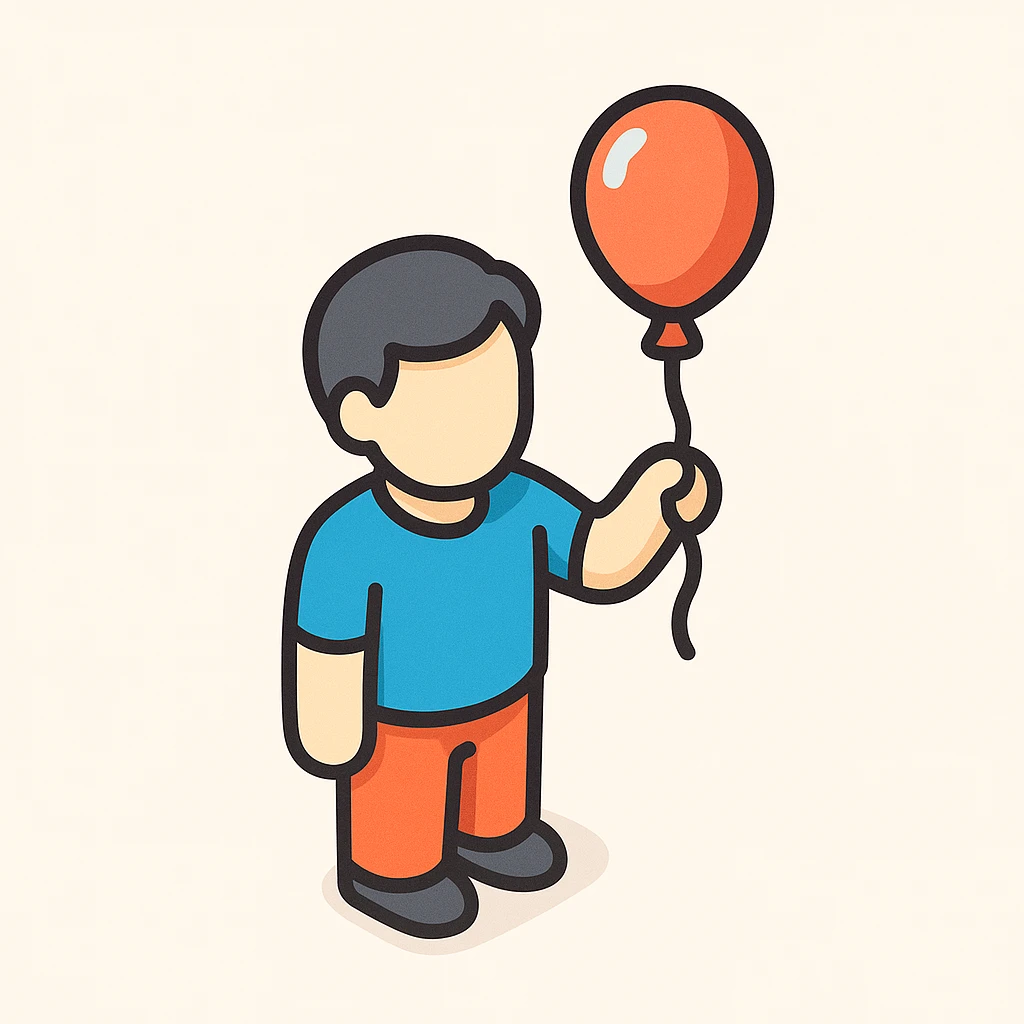 person with a balloon, symbolizing lightness and joy, simple form, clear shadows and highlights, 2D isometric style emoji