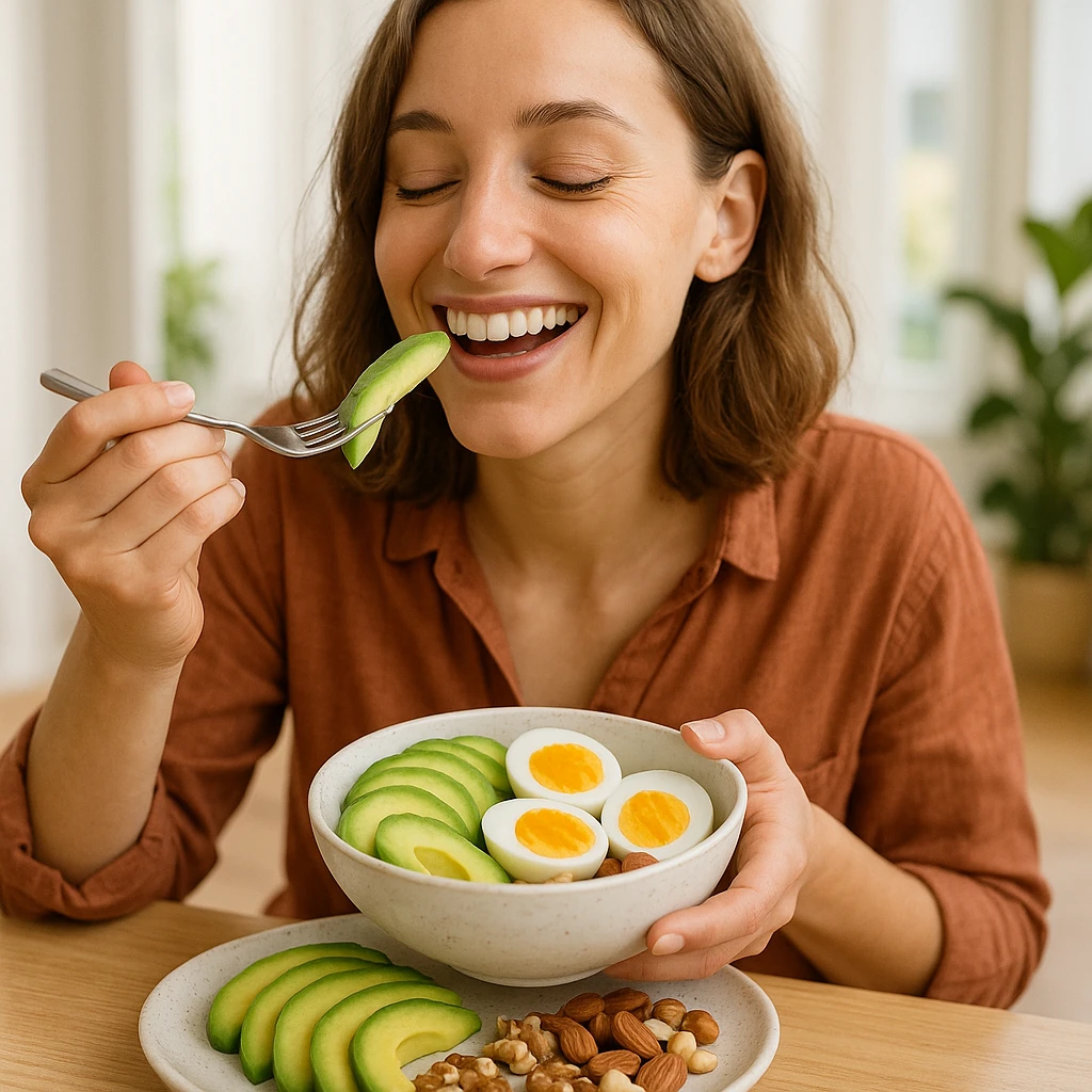 donna che usa come cibo avocado uova e frutta secca emoji