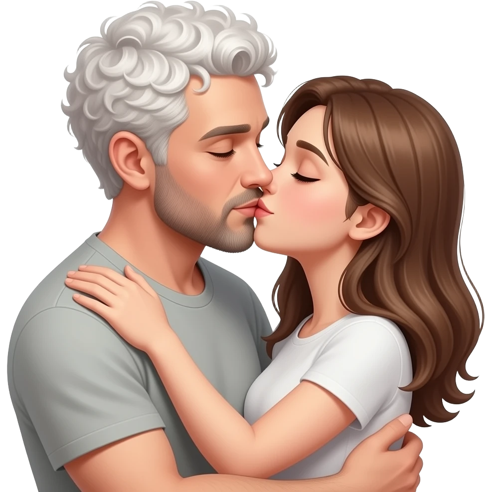 Realistic white skin man super short curly hair with beard kissing passionately and hugging realistic white girl brown hair emoji