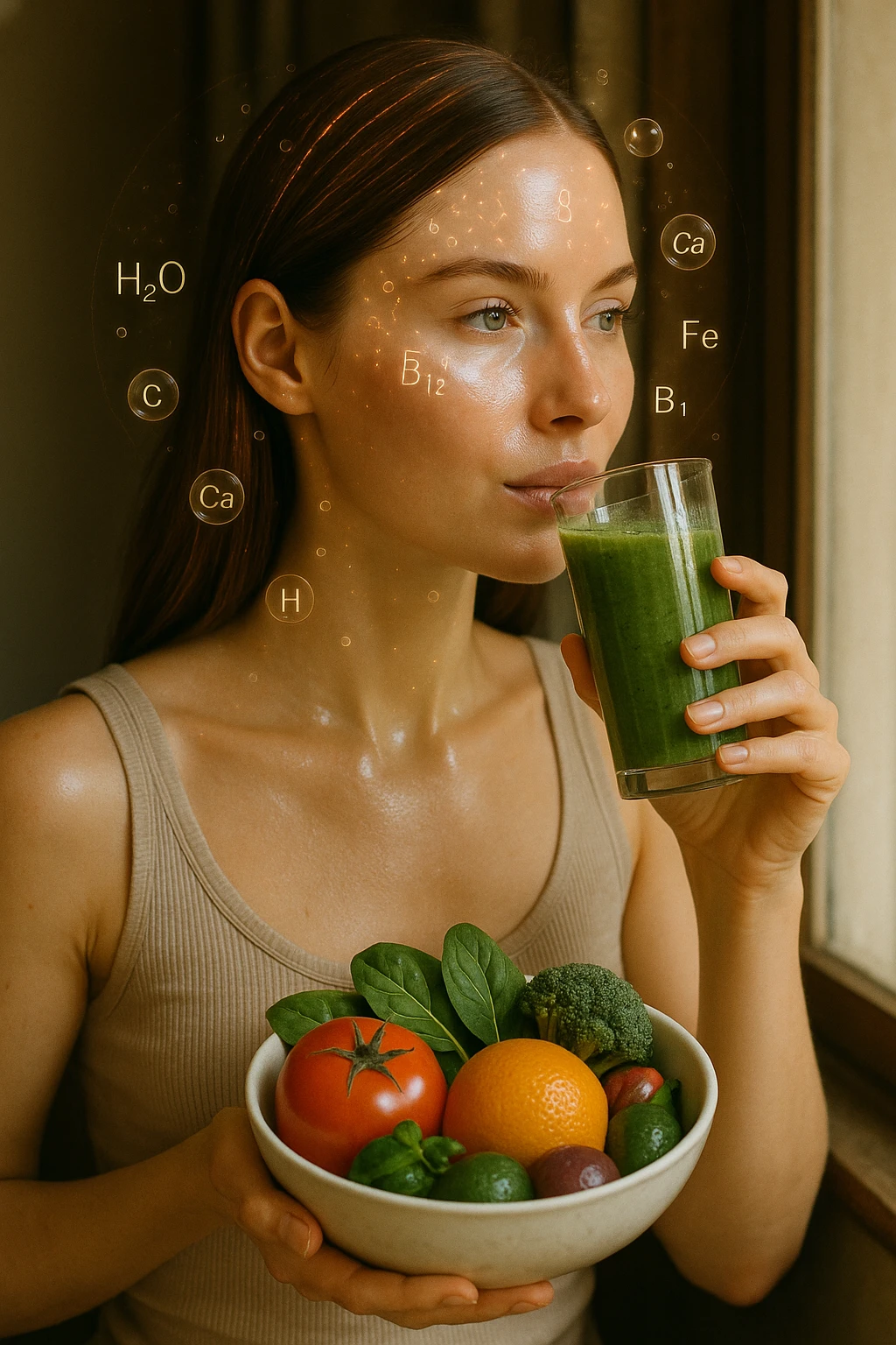 A highly realistic, cinematic portrait of a young woman in her late 20s with glowing, clear, healthy skin and a vibrant scalp with strong, shiny hair, symbolizing internal health reflecting outward. She has a calm, confident expression while sitting by a window with warm daylight softly illuminating her face, highlighting smooth, hydrated skin with a natural glow. Her hair appears clean, full, and strong, indicating a healthy scalp and balanced sebum production. She is drinking a glass of green smoothie rich in antioxidants and holding a bowl of colorful fruits and vegetables, symbolizing how internal nutrition supports skin and scalp health. Subtle, softly glowing overlays of molecular symbols for vitamins, minerals, and hydration molecules gently swirl around her, visually representing the concept of beauty and skin health from the inside out. Style: 35mm hyperrealistic film look, warm tones, soft depth of field, focusing on clear skin texture, healthy scalp, and vibrant hair to inspire holistic wellness emoji