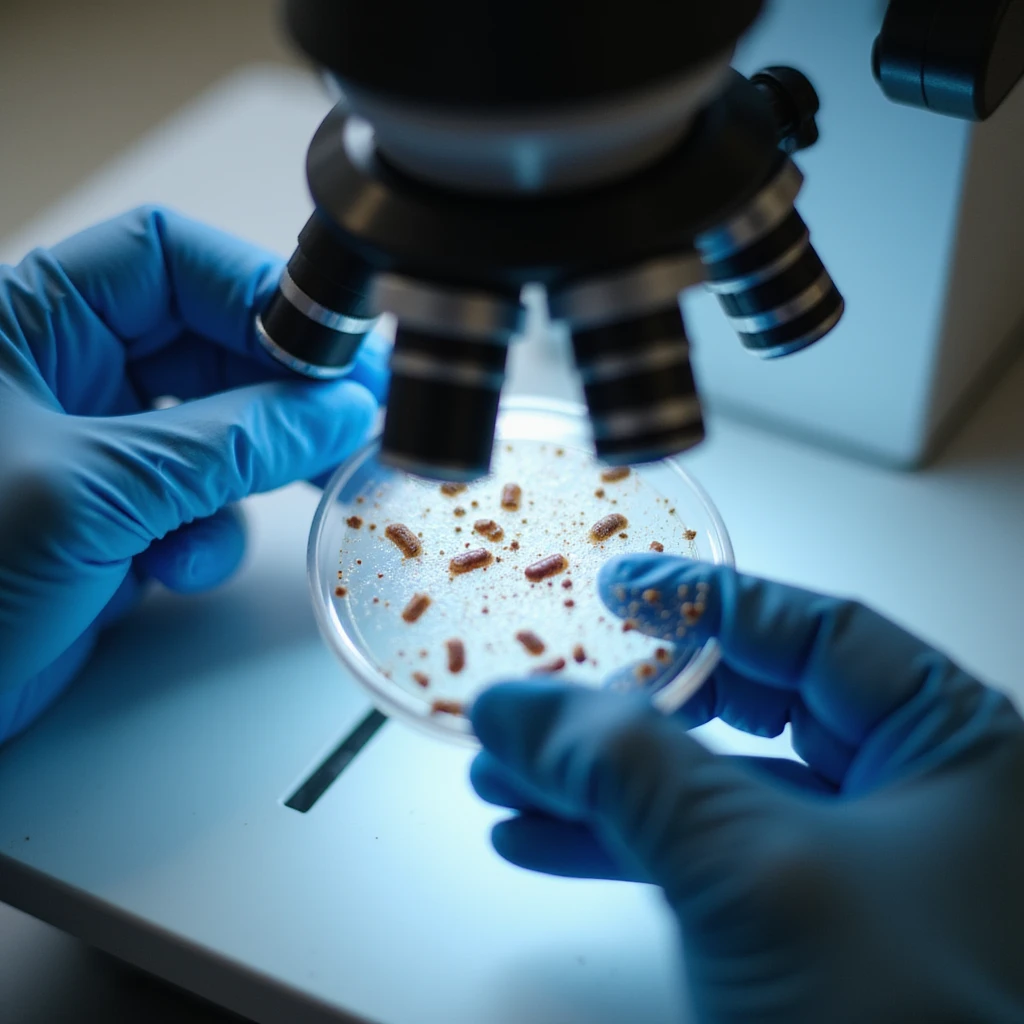 realistic close-up of slide with fecal sample and visible parasites under microscope, doctor's gloved hands emoji