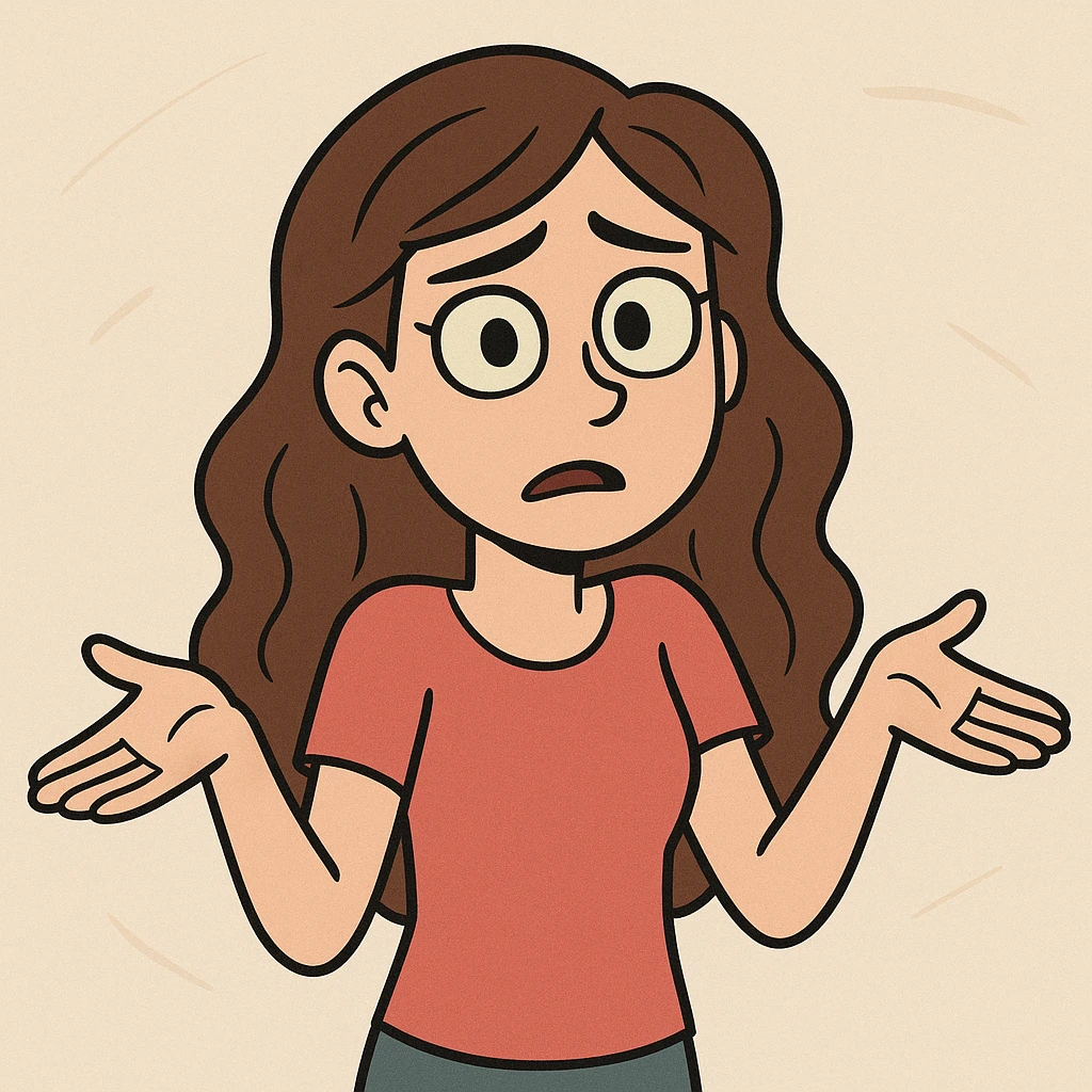 cartoon girl with long brown wavy hair, green eyes, shrugging, slightly confused expression, upper body, simple background emoji