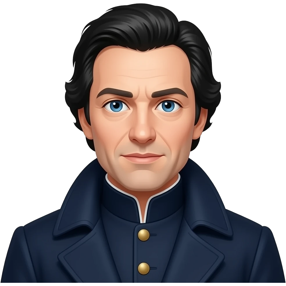 A Historical Duke of the North with very light skin, jet black hair and piercing ocean blue sharp-eyes, wearing a sharp, dark navy formal uniform with a wooly collared coat. In the style of the Manhwa "Father I don't want this marriage!" or "Villain, I'll do everything except marriage for you!" emoji