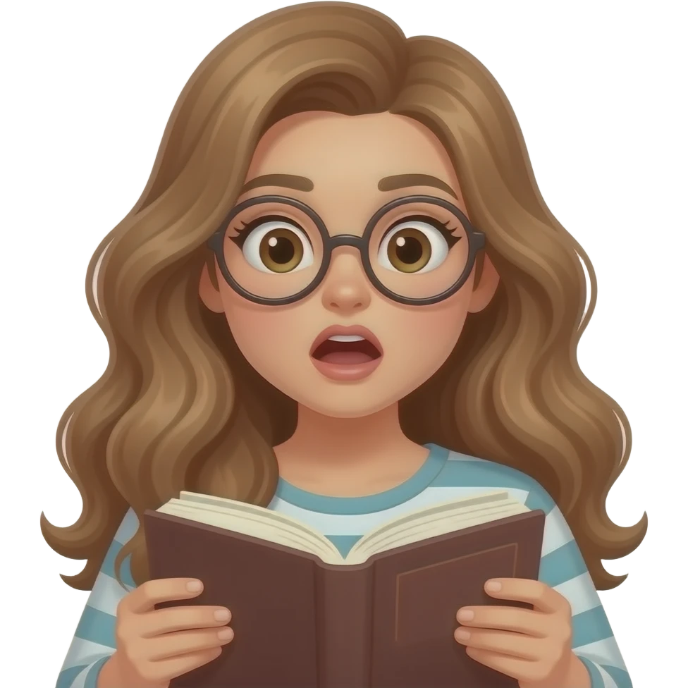 detailed emoji illustration of a curvy woman with long light brown wavy hair, light brown eyes and round glasses reading a book with a shocked expression, surprised by the story, cute emoji style emoji
